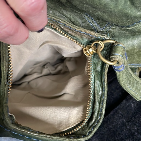 49 Square Miles Leather Hobo bag in green with purple stitching. - Picture 10 of 10